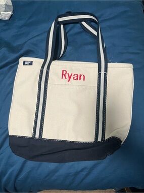 Lands' End Canvas Duffel Tote in Cream and Navy with Red Monogram Ryan